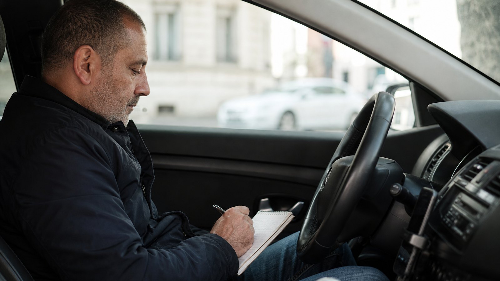 Chauffeur de taxi notant une course